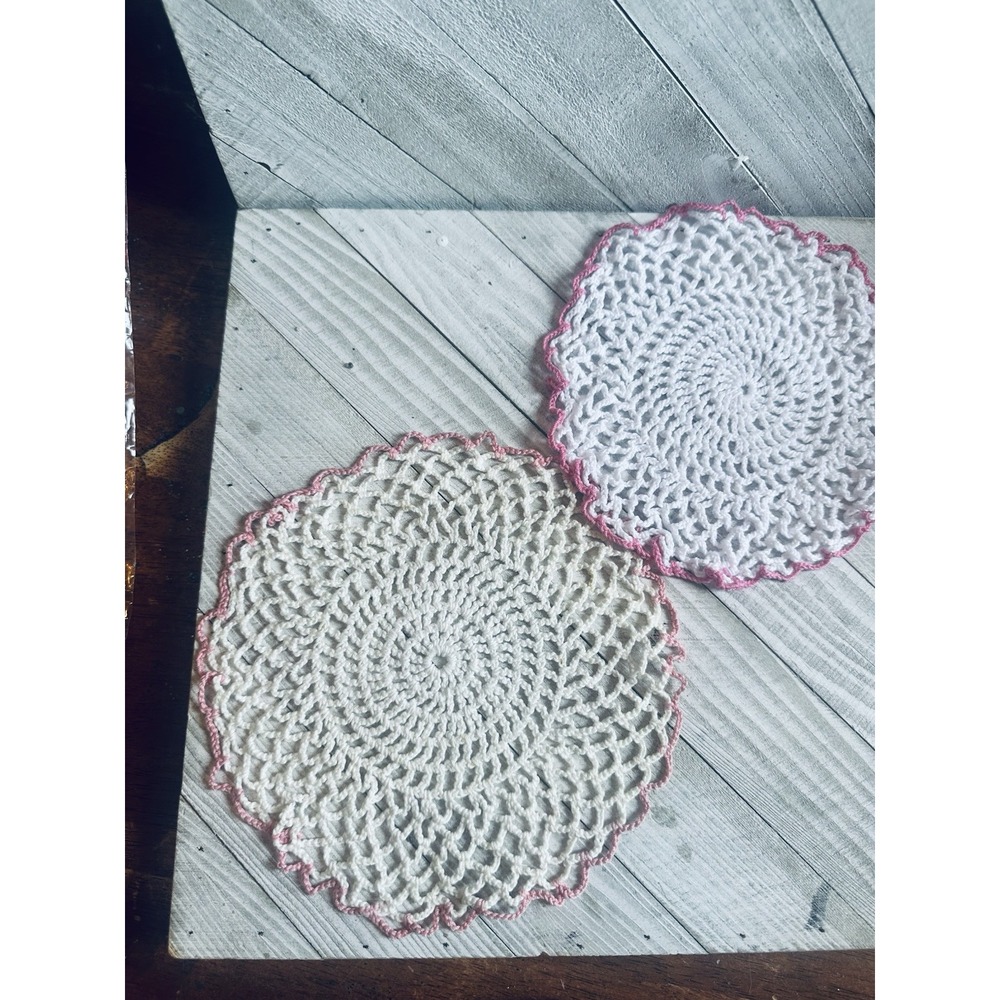 Vintage Handmade Crochet Doilies Set of 2 White Cream Pink Scalloped Lace 7.5 in